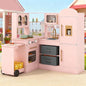 Costzon Corner Play Kitchen, Little Chef Pretend Play Kitchen w/Real Light & Sound, Pull-Out Cart, Fabric Bins, Stoves, Ice Maker, Microwave, Oven, Wooden Kitchen Playset for Kids Ages 3+ (Pink)