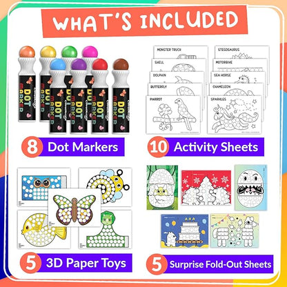 Chalkola 8 Washable Dot Markers for Toddlers 1-3 | with 20 Page Coloring Activity Book Kit, Bingo Daubers | Preschool Paint Dot Art Set - Toddler Arts and Crafts Supplies for Kids Ages 2-4 Years Old