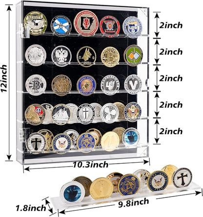 Coin Holder, Challenge Coin Display, Acrylic Military Coin Display Case with Removable Shelves and Magnetic Door, Fits 45 Military Medals Poker Chip Pins Badges, for Casino Poker Chips Collectibles