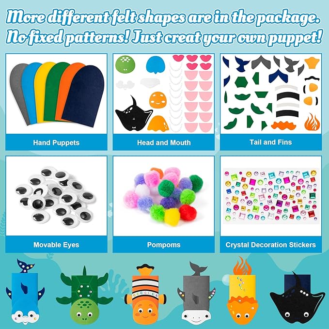 WATINC 6Pcs Hand Puppet Making Kit, Art Craft Felt Sock Puppet Toys, Creative DIY Make Your Own Pompoms Wiggle Googly Eyes Storytelling Role Play Party Supplies Gift for Girls Boys (Ocean Animals)