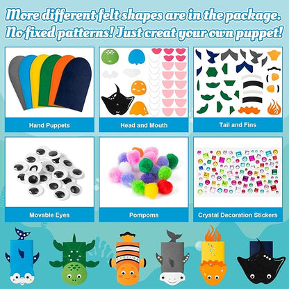 WATINC 6Pcs Hand Puppet Making Kit, Art Craft Felt Sock Puppet Toys, Creative DIY Make Your Own Pompoms Wiggle Googly Eyes Storytelling Role Play Party Supplies Gift for Girls Boys (Ocean Animals)