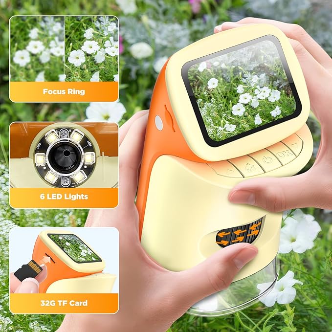 Microscope for Kids 2-in-1 Pocket Portable 1000X 2.0'' HD Screen Handheld Digital Microscopes with 10 Slides, Photo/Video, 6 Adjustable LEDs, Edu Science Kit Gift for Kids Age 5-7 8-12