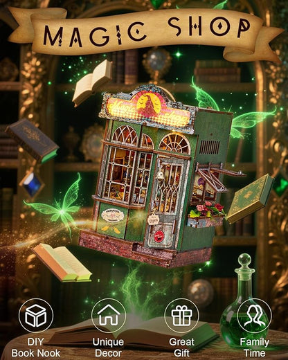Book Nook Kit – Magic Shop DIY Miniature House with LED Lights, 3D Wooden Puzzle for Adults, Teens & Beginners – Bookshelf Decor Gift for Book Lovers & Families
