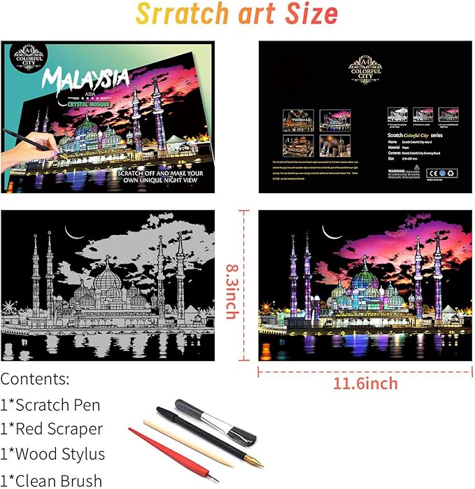 Scratch Art for Adults(12 Sheets A4),Family Creative DIY Painting Papers for Travel Lovers,Craft Lovers|Creative Scratch Art Adult (Britain/Thailand/Malaysia) by Iskueal