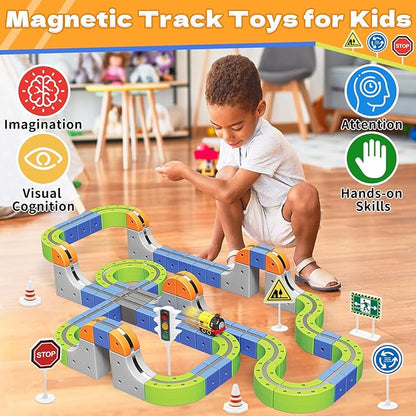 Magnetic Track Car Toys, 69PCS Flexible Race Car Track Sets for Toddlers with Electric Train, Traffic Signs, Kids Train Set Toys for 3 4 5 6 7 8 Year Old Boys Girls Birthday Party Gift-Medium