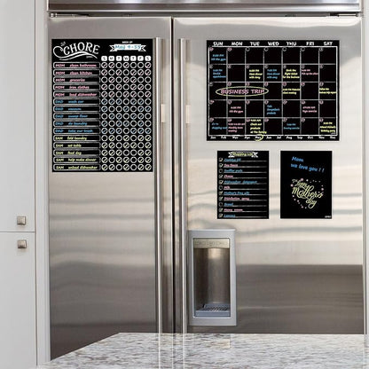 Magnetic Chalkboard Monthly Calendar - Reward Chore Chart Blackboard Combo Set with Neon Bright Liquid Chalk Markers - Bonus Grocery List and Notepad Blackboard for Refrigerator Included