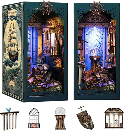 Book Nook Kit - DIY Enchanted Cottage Miniature House for Adults & Teens, 3D Wooden Puzzle Booknook with LED Lights, Bookshelf Insert Decor & Creative Model Building（Riddle On The Sea Floor）