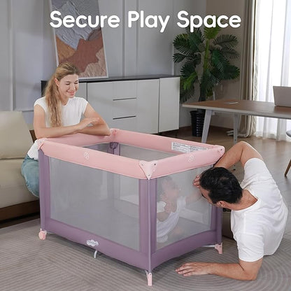 Pamo Babe Portable Playard with Mat Pad and Toy Bar Pink Play Yard for Baby