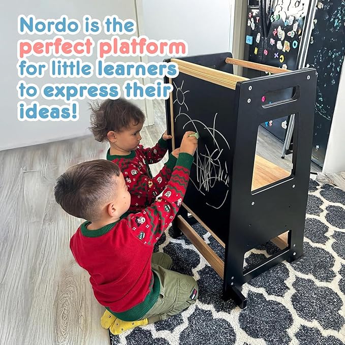 Toddler Kitchen Stools Helper with Adjustable Height and Anti-Slip Protection, Kids Standing Tower with Safety Rail, Kids Montessori Stool with Learning Chalkboard, White