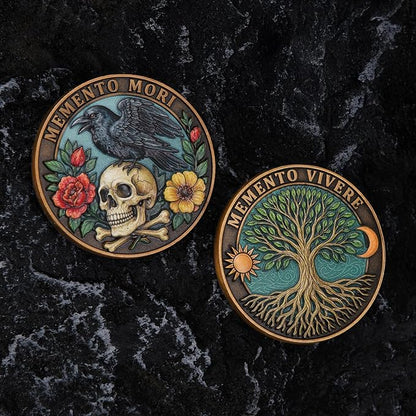 Memento Mori Memento Vivere Dual Sided Challenge Coin - Skull & Tree of Life Design Motivational Token - Inspirational Gift