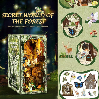 ISSEVE Book Nook Kit, DIY 3D Wooden Puzzle Dollhouse Booknook for Adults, Tiny Miniature House Kit Bookshelf Decor with LED Light and Dust Cover, Gifts for Family and Friends (Forest Secret World)