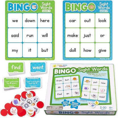 Sight Words Bingo Game for Kindergarten, Learn to Read Sight Word Cards, Word Games for Kids Ages 4-8, Bingo Sight Words Level 1&2