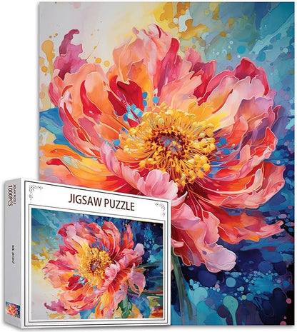 Sacred Peony Jigsaw Puzzles for Adults 1000 Pieces Beautiful Blossom Floral Jigsaw Puzzle 20 x 27 Inch Colorful Watercolor Pink Petal Puzzles for Home Decoration Family Puzzle Perfect for Game Nights