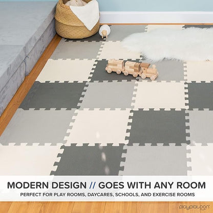 Play Platoon Non-Toxic Foam Puzzle Floor Mat, Comfortable, Extra Thick, Cushiony Play Mat for Toddlers, Kids & Adults, 36 Tiles (12"x12"), Square, Grey/Cream/Charcoal