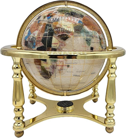Unique Art 13" Tall 9" Diameter Pearl White Ocean Desktop 4-Leg Gold Stand Gemstone Globe