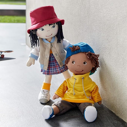 HABA 12" Soft Doll Yuki with Black Hair, Embroidered Face, Stylish Bucket Hat and Clothes - Washable Toddler Baby Doll for 18 Months+