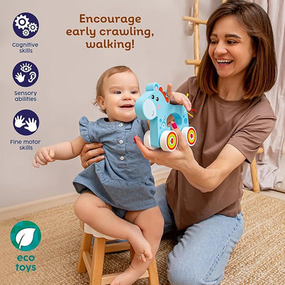 Wooden Pull-Along Horse – Eco-Friendly Toddler Toy with Spinning Wheels & Tactile Tail – Early Learning Toy for 1 Year Old and Up