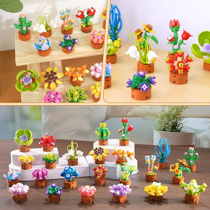 24 Pack Flowers Succulents Party Favors for Kids Building Set - 1012 PCS Botanical Bonsai 3.6MM Mini Building Blocks Toy for Classroom Prizes Easter Basket Stuffers Birthday Gift for Girl Boy Ages 6+