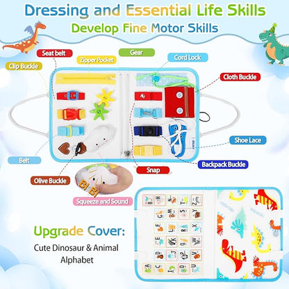 Esjay Toddler Busy Board Montessori Toys for Boys Girls, Sensory Board Educational Activities for Learning Fine Motor Skills, Birthday Gifts for Toddlers, Travel Toys for Airplane Car, White Dinosaur