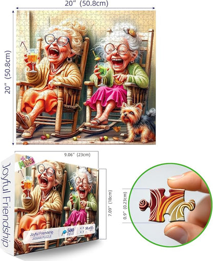 500 Piece Jigsaw Puzzle for Adults Seniors Joyful Moments Heartwarming Porch Scene Laughing Friends, Yorkshire Terrier Rocking Chairs Relaxing Puzzle for Women, Best Friends & Families (23x15 Inches)