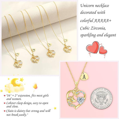 C-leen Unicorn Gifts for Girls Kids - Colorful CZ Heart Initial Necklaces Unicorn Necklace for Girls Jewelry Christmas Birthday Gifts for Little Girl