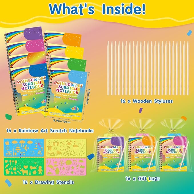 YSCare Scratch Arts Party Favors for Kids: 16 Pack Rainbow Art Scratch Notebook, Art Craft Kit Goodie Bags Stuffers, Birthday Gift Bulk Return Gifts Classroom Prizes for Girls Boy 4-8-12