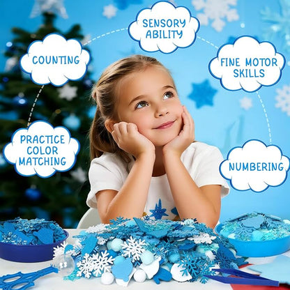 259 Pcs Winter Sensory Bin Items Winter Snowflake Counting Sorting Sensory Bin Filler Fine Motor Felt Acrylic Snowflake Gloves and Hats Counts for Xmas Counting Decor