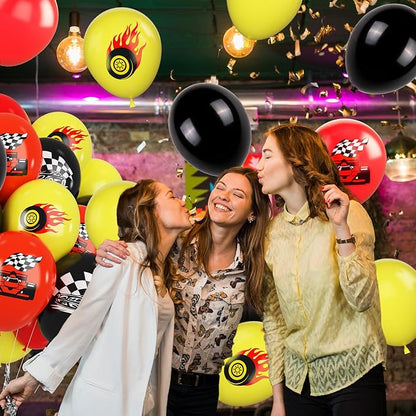 Race Car Balloons, 12 Inch Red Yellow Black Race Car Party Supplies Checkered Flags Racing Party Printed Latex Balloons for Race Fans Birthday Party Fast Birthday Party Decorations Supplies
