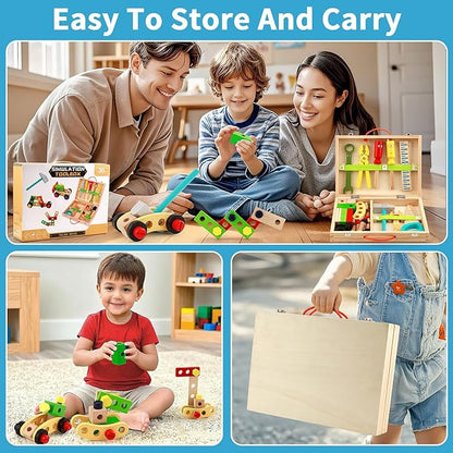 Kids Tool Set Wooden Toddler Play Tools Set with Tool Box, Montessori Educational Learning Toys STEM Construction Building Toy for 3 4 5 6 7 8 Years Old Kids Birthday Gifts for Boys and Girls
