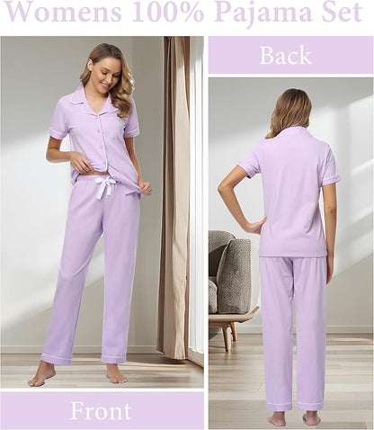 CF Womens 100% Cotton Pajamas Set Button Down Pjs Sets Short Sleeve Top & Long Pants Sleepwear Comfy Loungewear with Pockets