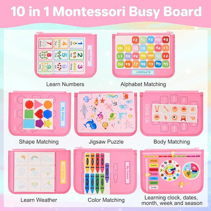 Toddler Busy Board Montessori Toys, Sensory Toys for 1 2 3 4 Year Old Girl, Busy Book Travel Educational Activities for Learning Fine Motor Skills Birthday Gifts (Pink Unicorn/P10)