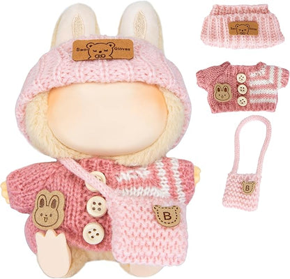 17cm Doll Clothing for Labubu - Kawaii Chic Style Set for 17cm Dolls, Cute Doll Outfit with Accessories -Button Up Stripe Pink Sweater + Pink Hat + Pink Bag (Clothes Only)