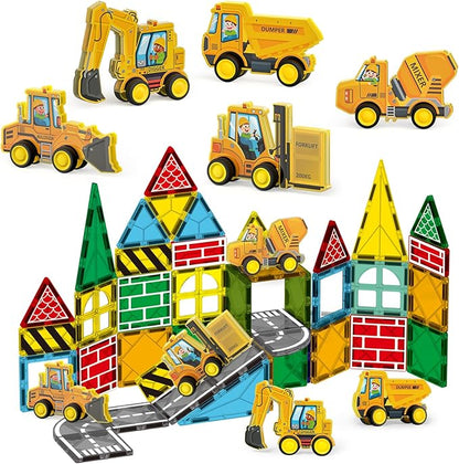 Oriate Magnetic Tiles Engineering Construction Vehicle Road Set,Kids Toys Games with Magnetic Blocks STEM Educational,City Sensory Magnet Tiles,Birthday Gifts for Kids ages 3+ Boys Girls Toys with Car