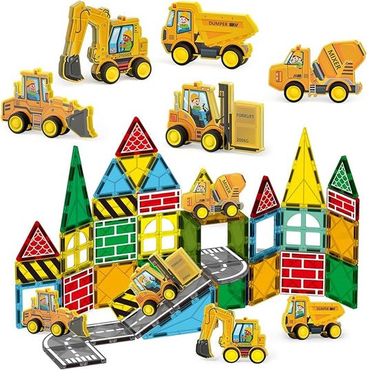 Oriate Magnetic Tiles Engineering Construction Vehicle Road Set,Kids Toys Games with Magnetic Blocks STEM Educational,City Sensory Magnet Tiles,Birthday Gifts for Kids ages 3+ Boys Girls Toys with Car