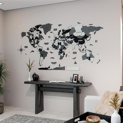 Colorfull Worlds 3D Wooden World Map Wall Art | Unique Wall Decor with Pins for Travel Enthusiasts | Home and Office Wall Décor | Grey | Medium