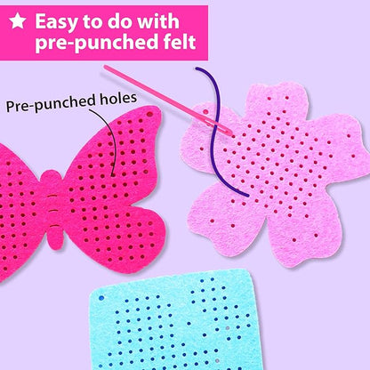KRAFUN Cross Stitch Kits for Kids Beginners, 4 Cross Stitching Keyrings Arts & Crafts with Butterfly and Flower, Needlepoint Embroidery Kit for Girls 5-13 Craft Kit Backpack Charms, Ornaments