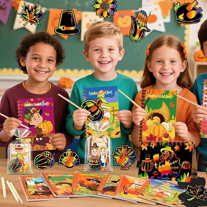 24 Pack Thanksgiving Scratch Art Party Favors for Kids - Rainbow Scratch Paper with Fall Party Scratch Off Cards Pumpkin Birthday Goodie Bag Stuffers - Return Gifts DIY Classroom Prize