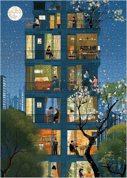 Cozy City Building Puzzle for Adults 1000 Piece, Relax Night Light Scenic Jigsaw Puzzle, Spring Cherry Blossom Tree Puzzle as Home Decor