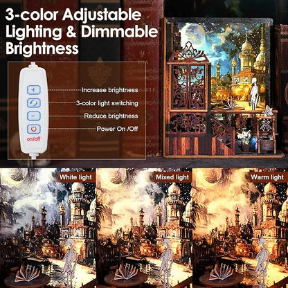 DIY Book Nook Kit, Miniature Bookshelf Decor with LED Lights, Laser-Cut Wooden Craft Set for Adults, Creative Gift for Christmas, Birthday, Magic Exploration