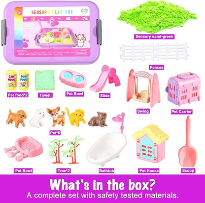 Pet Sensory bin,Dog and Cat Sandbox for Kids,Kids Play Sand Kit,Pet Play Set with Sensory Sand,Pet Care Play Set,Role Pretend Play Beach Toy Birthday Gift for Girls Boys 3 4 5 6 Years Old