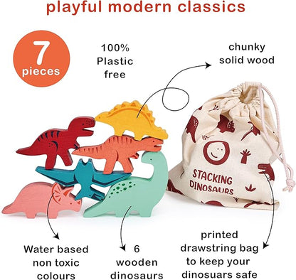 Mentari Toys - Happy Stacking Dinosaurs - 6pc Wooden Stacking Toy for Toddlers - Colorful Dinosaur Balancing Activity Toy with Bag - Boost Fine Motor Skills and Dexterity - Age 18m+