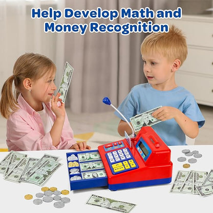 Calculator Cash Register Toy Gift for Kids Age 3, 4, 5, 6, 7, 8+ Year Old, 103 Pcs Grocery Store Playset with Microphone, Credit Card, Cash Register for Toddlers Kids 4-8
