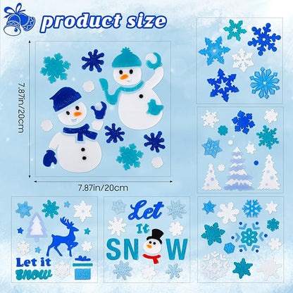 Christmas Window Clings Gel Blue and White Snowflake Snowman 6-Piece Set, Christmas Decorations for Glass Windows and Wall, Winter Glitter Snowflake Window Clings, School Home Xmas Party Decorations