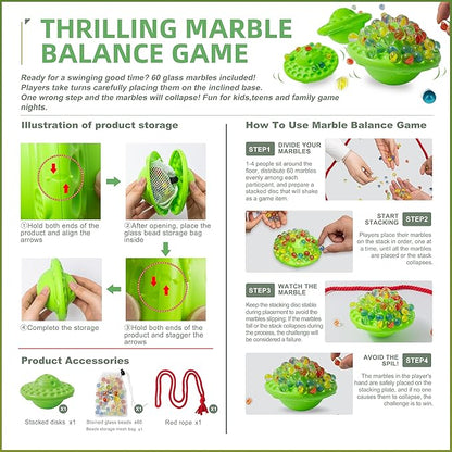 Marble Balance Board Game with 60 Glass Marbles & Storage Base - Fun Family Board Game for Adults, Party Game for 1-4 Players | Educational STEM Toy & Birthday Gift Halloween Party Favors for Kids