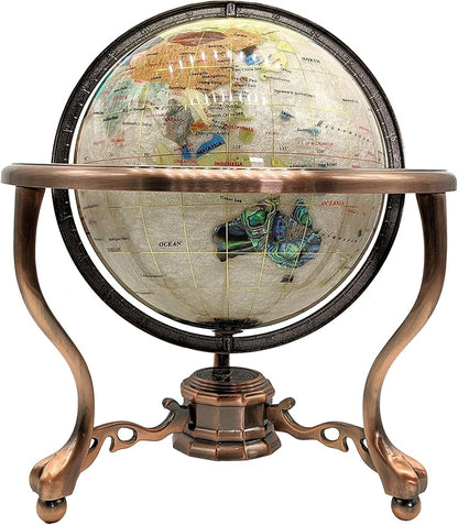 Limited Edition! Unique Art Since 1996 Pearl Swirl Table Top Gemstone World Globe with Tripod Vintage Copper Zinc Alloy Stand (220MM/9 INCHES/PEARL OCEAN/COPPER)