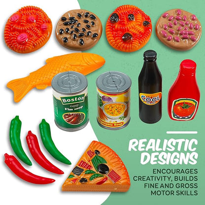 MEDca Kids Play Food Set - 130 Piece Pretend Play Collection - Assorted Fake Food Set Includes Fruits, Vegetables, Snacks, Dessert, Juices, Canned Goods and More for Boys and Girls
