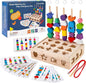 3 in 1 Montessori Wooden Beads Sequencing Toy Set - Color Sorting Stacking Geometric Shape Matching Game Beads Sequencing Toy Lacing Beads Stem Fine Motor Skills for Toddlers
