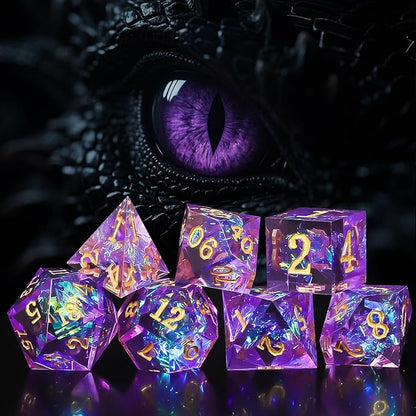 QMAY Resin Mystery Dice Set, 7 Pcs Handmade Sharp Edge Polyhedral Dice, Random Various Styles DND Dice & Dice Bag, DND Gifts, Suitable for Dungeons and Dragons, RPG, MTG,Role Playing Table Game