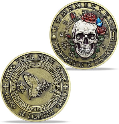 AtSKnSK Memento Mori Coin Momento Mori Coin Skull Coin Stoic Gifts Memento Mori Calendar Living Memento Mori Amor Fati Coin (Moth Rose Skull)