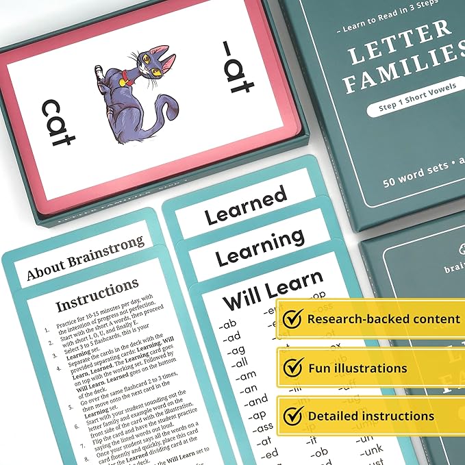 250 Phonics Words - Step 1 - Short Vowels | Learn to Read Kinder/1st Grade | Ages 5-7 | Brainstrong Letter Families Premium 50 Flashcards